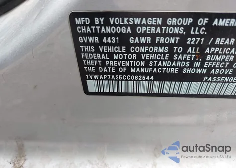 2012 Volkswagen Passat 2.5L S z USA, uszkodzony, nr VIN 1VWAP7A35CC062544